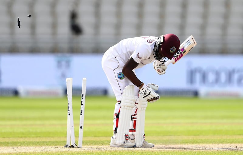 West Indies batsman Jermaine Blackwood is bowled out by England's Stuart Broad. AP