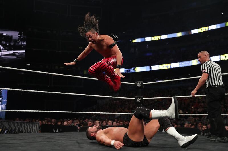 Shinsuke Nakamura could be flying high again on Sunday if he is the winner of the 2018 Royal Rumble. Image courtesy of WWE