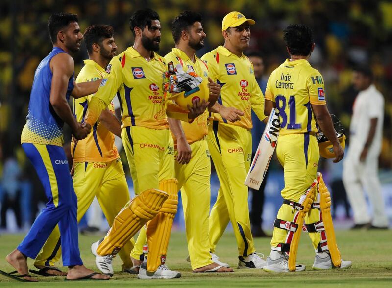 Chennai Super Kings players leave the ground after their win in the VIVO IPL T20 cricket match between Chennai Super Kings and Royal Challengers Bangalore in Chennai, India, Saturday, March 23, 2019. (AP Photo/Aijaz Rahi)