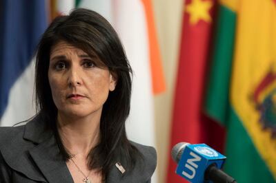 American Ambassador to the United Nations Nikki Haley speaks to reporters Tuesday, Jan. 2, 2018, at United Nations headquarters. Haley said the U.S. is calling for U.N. Security Council and Human Rights Council emergency sessions on Iran. (AP Photo/Mary Altaffer)