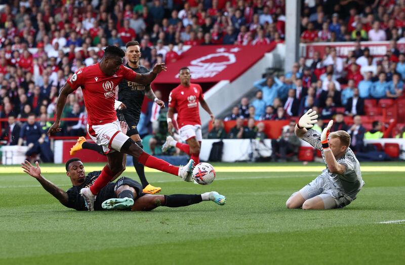 Nottingham Forest's Nigerian striker Taiwo Awoniyi scores against Arsenal. AFP