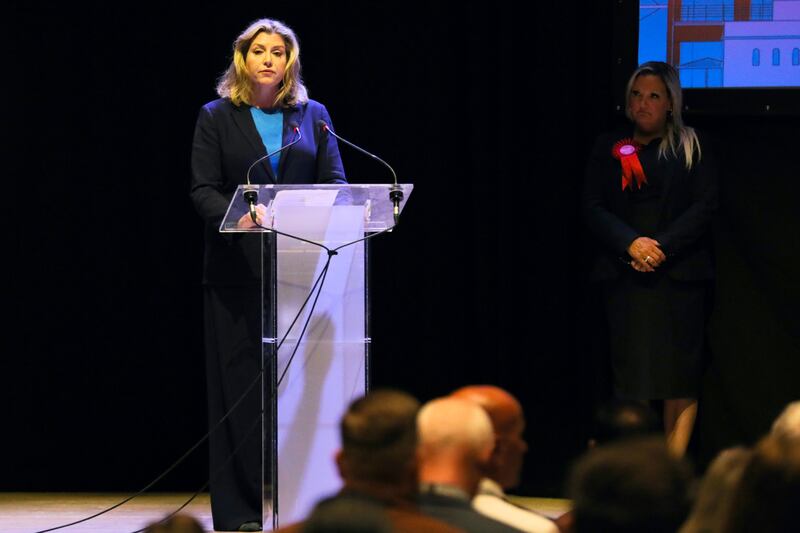 Penny Mordaunt delivers a speech after the declaration in Portsmouth. Getty Images