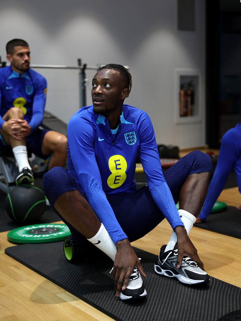 Tammy Abraham takes part in an England training session at St George's Park. Getty