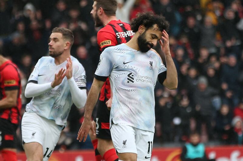 Liverpool striker Mohamed Salah reacts after missing his penalty in the defeat at Bournemouth. AFP