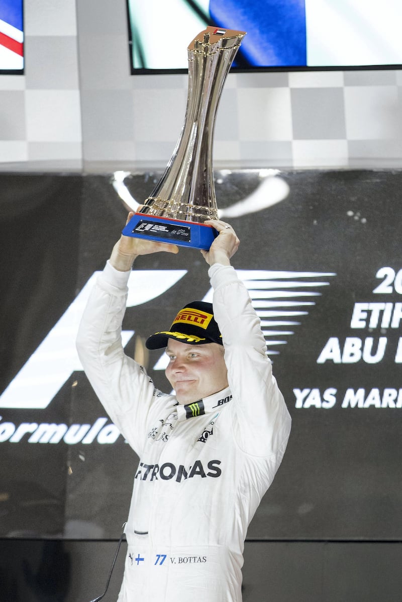 Abu Dhabi, United Arab Emirates, November 26, 2017:    Valtteri Bottas of Finland and Mercedes GP celebrates winning the Abu Dhabi Formula One Grand Prix at Yas Marina Circuit in Abu Dhabi on November 26, 2017. Christopher Pike / The National

Reporter: John McAuley, Graham Caygill
Section: Sport