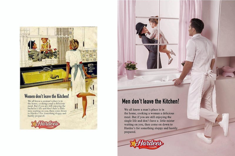 Side-by-side here is a real advertisement from the 1940s, left, and then a work by Eli Rezkallah, right, where the gender roles are reversed. The idea that
women belong in the kitchen may be more than 70 years old, but sexist ads such as these still affect how we see gender roles today – or so photographer
Eli Rezkallah believes. Eli Razkallah produced by Plastik Studios 2018