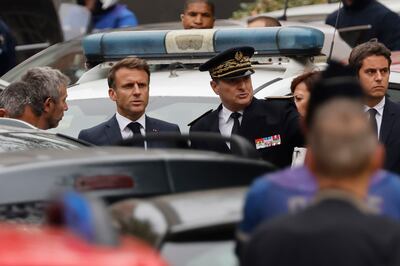 French President Emmanuel Macron at the Gambetta high school in Arras. AP