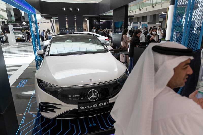 A Mercedes Benz electric car on display at the show.