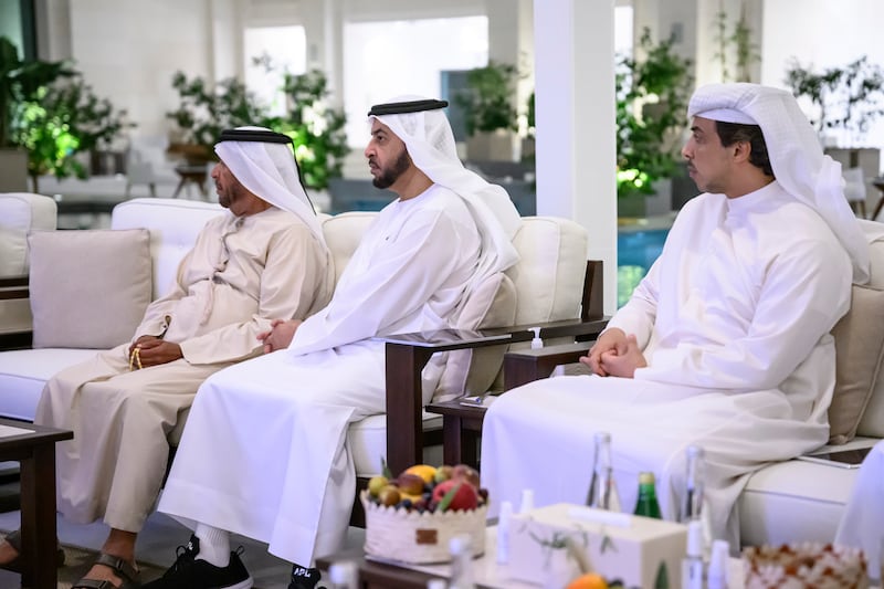 Sheikh Mansour bin Zayed, Deputy Prime Minister and Minister of the Presidential Court; Sheikh Hamdan bin Zayed, Ruler's representative in Al Dhafra region; and Sheikh Suroor bin Mohamed attend a meeting with with Delcy Rodriguez, Vice President of Venezuela (not shown), at Al Shati palace