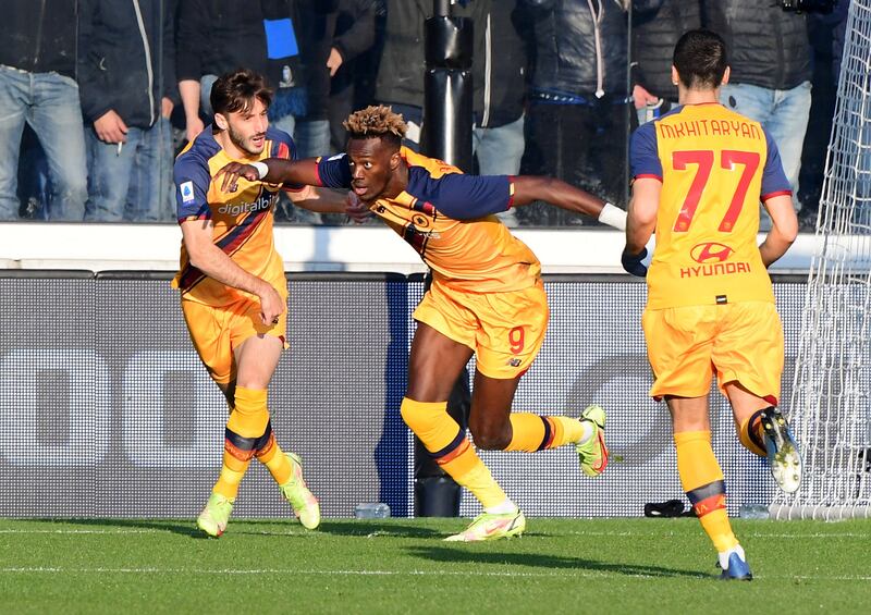 Roma's Tammy Abraham celebrates scoring their first goal. Reuters