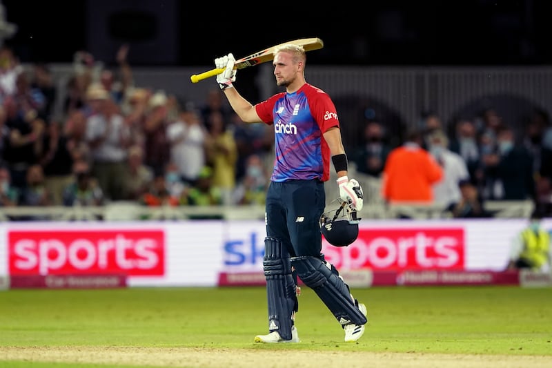 England's Liam Livingstone celebrates his century against Pakistan. The hosts still lost the match by 31 runs.