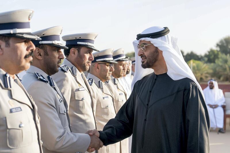 AL AIN, ABU DHABI, UNITED ARAB EMIRATES - December 04, 2017: HH Sheikh Mohamed bin Zayed Al Nahyan, Crown Prince of Abu Dhabi and Deputy Supreme Commander of the UAE Armed Forces (R), receives members of Abu Dhabi Police, during a barza, at Al Maqam Palace.


( Rashed Al Mansoori / Crown Prince Court - Abu Dhabi )
---