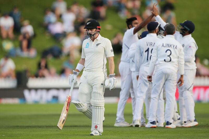 New Zealand's Henry Nicholls walks off after losing his wicket. Reuters