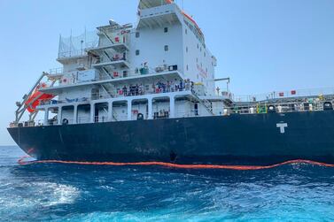 The damage of Japanese oil tanker Kokuka Courageous anchored off the port of Fujairah. AFP