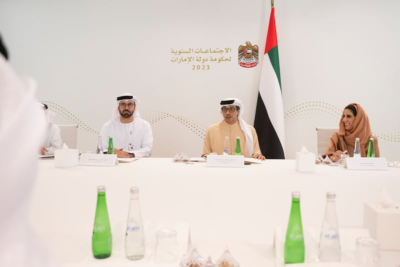 Sheikh Mansour bin Zayed, Vice President, Deputy Prime Minister and Chairman of the Presidential Court, meets Executive Council secretaries during the UAE government annual meetings. Photo: UAE Presidential Court 