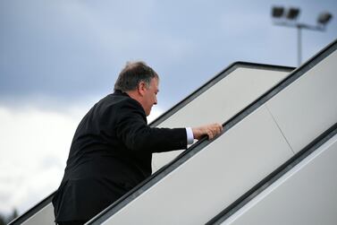 US Secretary of State Mike Pompeo boards a plane at Rovaniemi Airport in Rovaniemi, Finland, after taking part in the 11th Ministerial Meeting of the Arctic Council, Tuesday May 7, 2019. AP