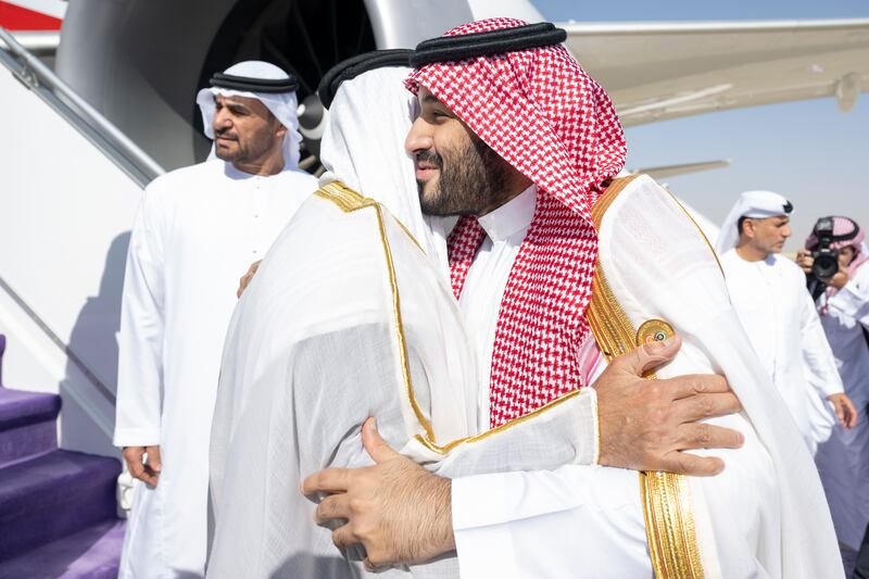 President Sheikh Mohamed is welcomed by Prince Mohammed