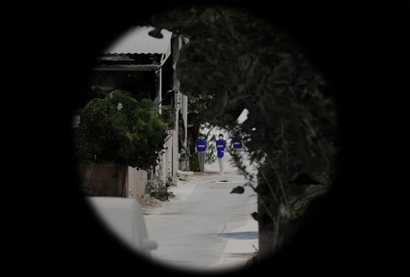 Digital reconstruction of the visibility of the journalists’ vests as seen from the location of the marksman, replicating the effect of the optical scope they most likely used (Trijicon COG x4), in the moment just before the first round of shots began. 