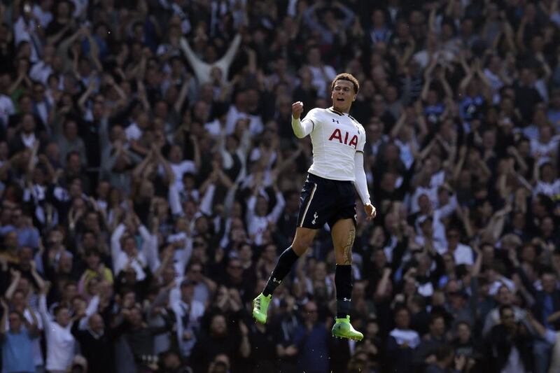 Tottenham's Dele Alli celebrates after scoring a goal against Watford at White Hart Lane in London on April 8, 2017. Tim Ireland / AP