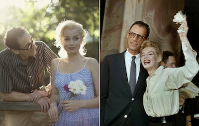 Adrien Brody as Arthur Miller and Ana de Armas as Marilyn Monroe in a scene from 'Blonde', left, and the real couple after their civil wedding ceremony in 1956. Photo: Netflix; AP