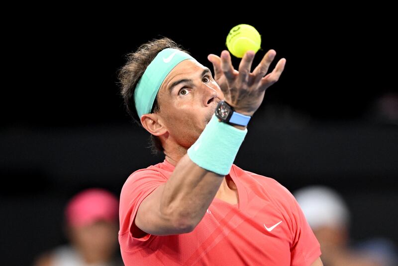 Rafael Nadal serves during the doubles match with Marc Lopez against Max Purcell and Jordan Thompson of Australia at the Queensland Tennis Centre in Brisbane. EPA