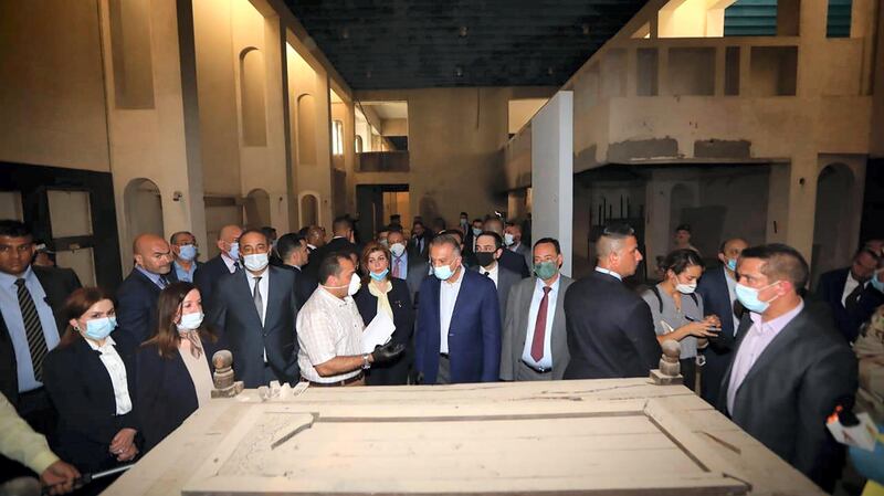 Prime Minister Mustafa Al Kadhimi tours Mosul Museum during a visit to the city six years after ISIS captured it. Iraqi PM Media Office HO