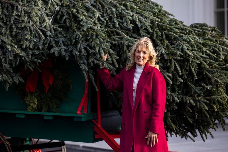 US First Lady Jill Biden receives the official 2021 White House Christmas Tree on the North Portico of the White House in Washington. Rusty and Beau Estes of Peak Farms presented the tree, a Fraser fir from Jefferson, North Carolina. EPA