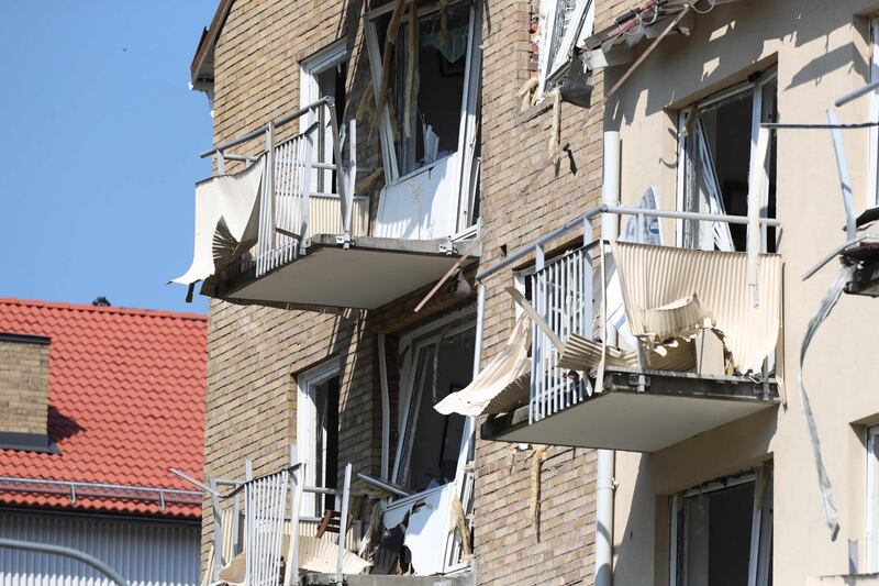 Damaged balconies and windows are seen at a block of flats that were hit by an explosion Friday morning, June 7, 2019 in Linkoping, central Sweden. The cause of the blast is still unknown. - Sweden OUT
 / AFP / TT News Agency / JEPPE GUSTAFSSON
