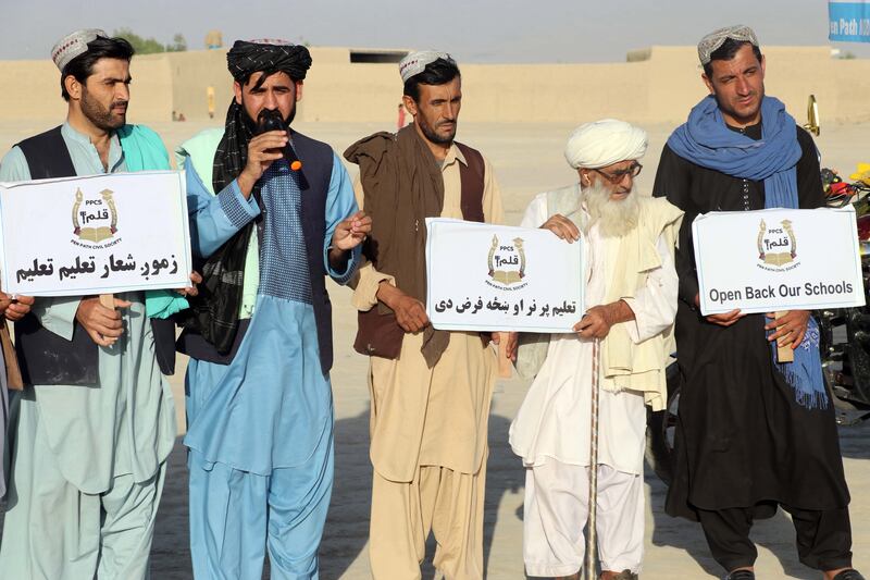 Afghan civil society activists attend an educational event organised by Pen Path, an initiative providing education to Afghan children in areas where there is no school, in Kandahar, Afghanistan.