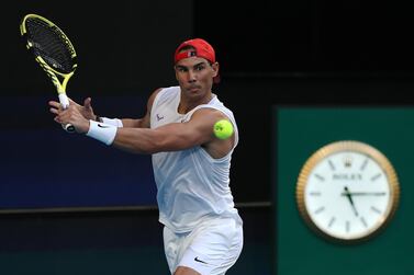 PERTH, AUSTRALIA - JANUARY 02: Rafael Nadal of Team Spain plays a backhand during a practice session against Karen Khachanov of Team Russia ahead of the 2020 ATP Cup Group Stage at RAC Arena on January 02, 2020 in Perth, Australia. (Photo by Paul Kane/Getty Images)