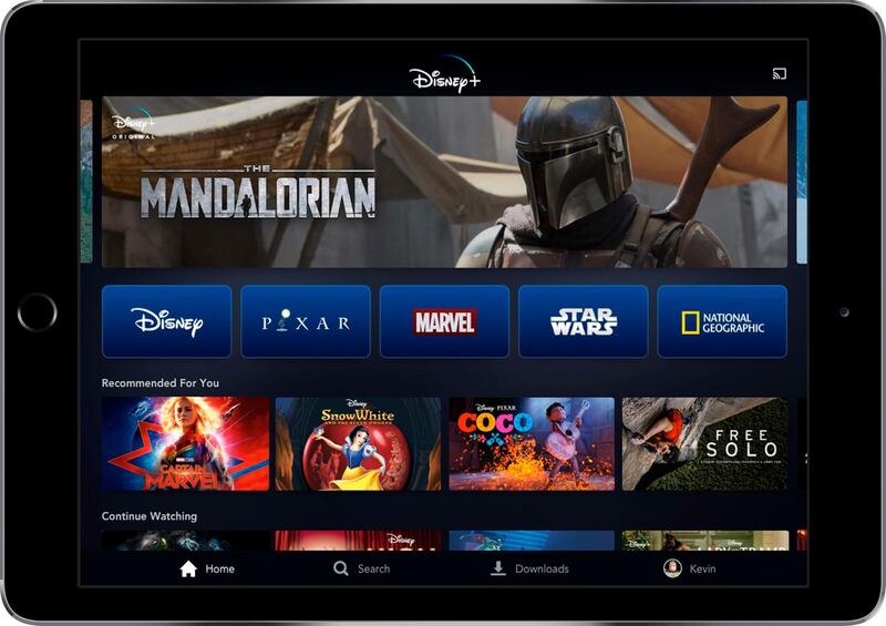 This image provided by Disney shows a product image of Disney Plus on a tablet. The video steaming service has been in the works for more than year, but Thursday, April 11, 2019, marked the first time that the longtime entertainment powerhouse has laid out plans for its attack on Netflix and a formidable cast of competitors, including Amazon, HBO Go and Showtime Anytime. (Disney via AP)