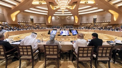 Delegates at the Abu Dhabi Climate Meeting held at Emirates Place, Abu Dhabi, earlier this year. More than 1,000 government ministers, energy experts and business leaders attended the conference. Chris Whiteoak/The National    