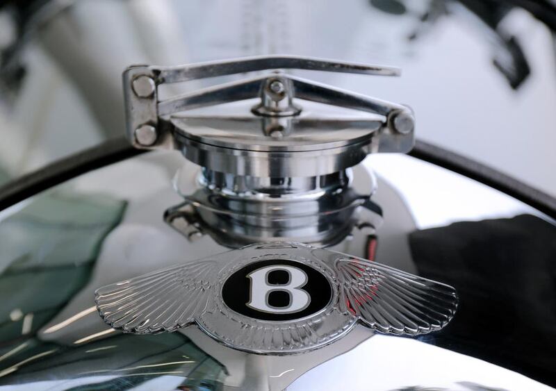 The iconic Bentley badge on the carmaker’s 4 1/2 Litre supercharged Blower. Victor Besa for The National