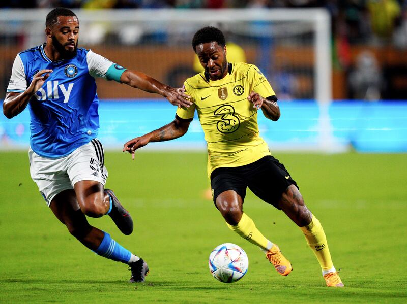 Raheem Sterling runs with the ball during the pre-eason friendly match between Chelsea and Charlotte. Getty

