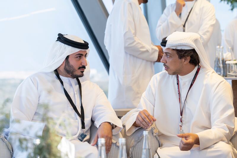 Sheikh Mohamed bin Sultan and Sheikh Mansour bin Zayed in Shams Tower at Yas Marina Circuit. Photo: Ryan Carter / UAE Presidential Court