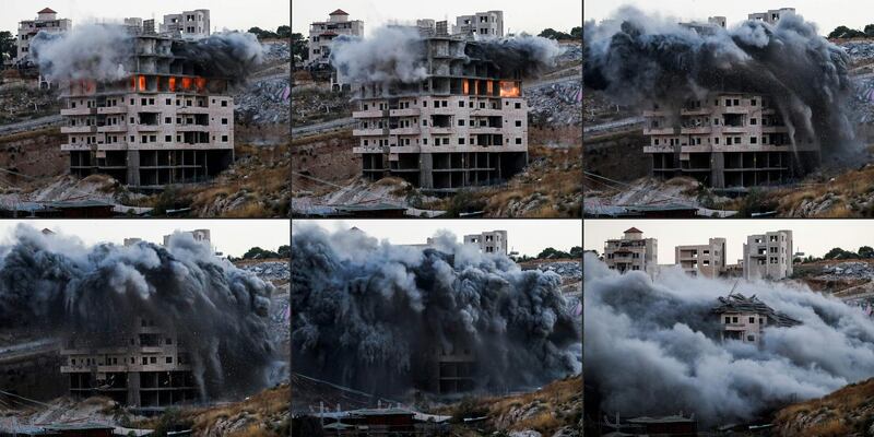 (COMBO) This combination of pictures taken on July 22, 2019, shows the demolition of a Palestinian building which was under construction, in the the Palestinian village of Sur Baher in East Jerusalem. Israel demolished a number of Palestinian homes it considers illegally constructed near its separation barrier south of Jerusalem on July 22, in a move that drew international condemnation. Palestinian leaders slammed the demolitions in the Sur Baher area which straddles the occupied West Bank and Jerusalem, but Israel defended them as essential to its security and noted they had been approved by its supreme court. / AFP / Ahmad GHARABLI
