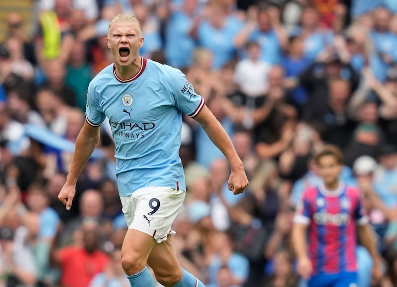 Erling Haaland of Manchester City celebrates after scoring the 2-2 equalizer during the English Premier League soccer match between Manchester City and Crystal Palace in Manchester, Britain, 27 August 2022.   EPA/ANDREW YATES EDITORIAL USE ONLY.  No use with unauthorized audio, video, data, fixture lists, club/league logos or 'live' services.  Online in-match use limited to 120 images, no video emulation.  No use in betting, games or single club / league / player publications