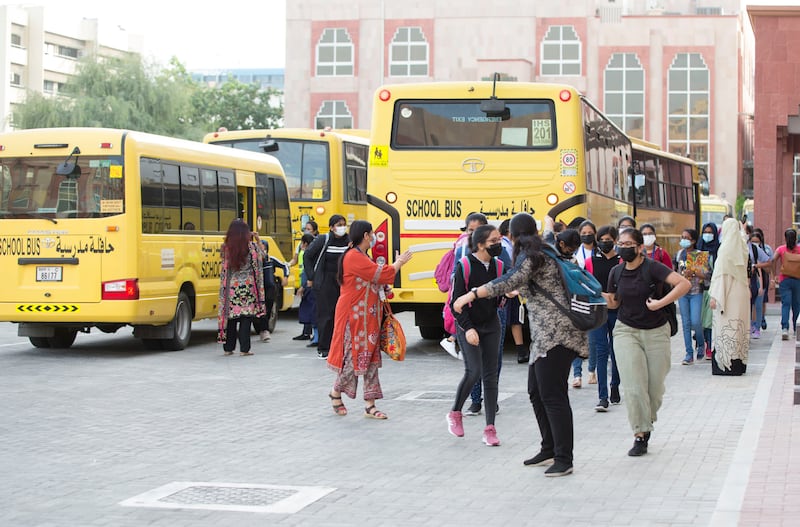 Pupils arriving in school buses on the first day of in-person learning at the Indian High School in Oud Metha, Dubai.