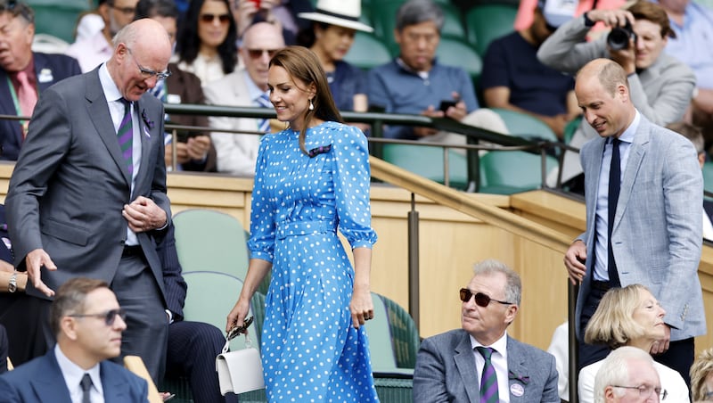 The Duchess of Cambridge wears blue Alessandra Rich. EPA