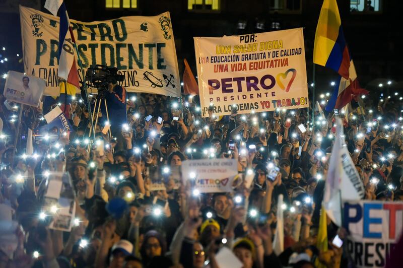 Supporters of Colombian presidential candidate Gustavo Petro take part in a campaign rally in Bogota. Raul Arboleda / AFP Photo