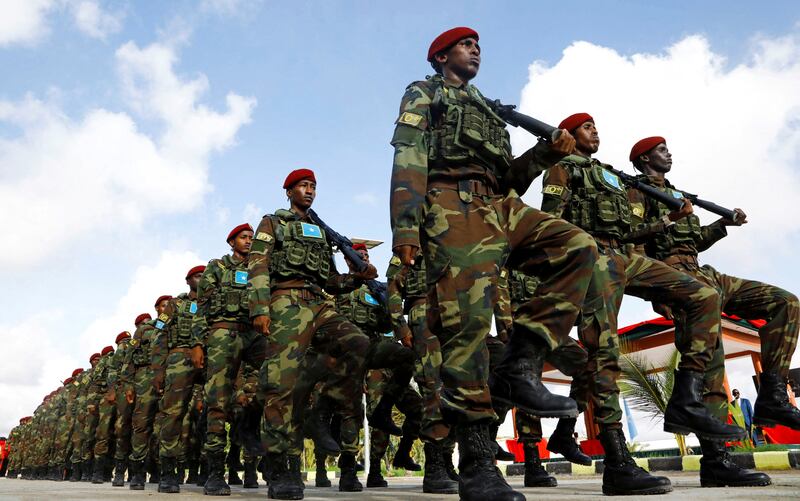Somali military officers march in a parade to mark the 62nd anniversary of the Somali National Armed Forces in Mogadishu. Reuters