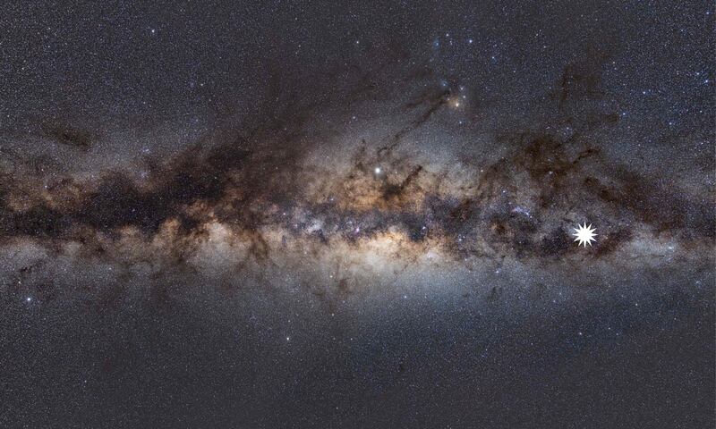 The Milky Way as viewed from Earth, with a star icon marking the position of the mysterious repeating transient. Natasha Hurley-Walker via AFP