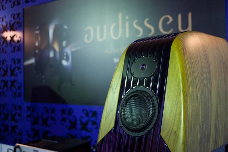 Dubai, United Arab Emirates - January 15 2012 - Speakers by a company called audissey made with diamonds and ceramic carbon fibre are on on display at the World Luxury Expo in Burj Al Arab. The speaker system is worth half a million dirhams.  (Razan Alzayani / The National)