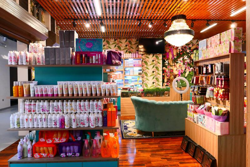 Beauty products are displayed at the Thai Souq at the Souk Al Marfa.