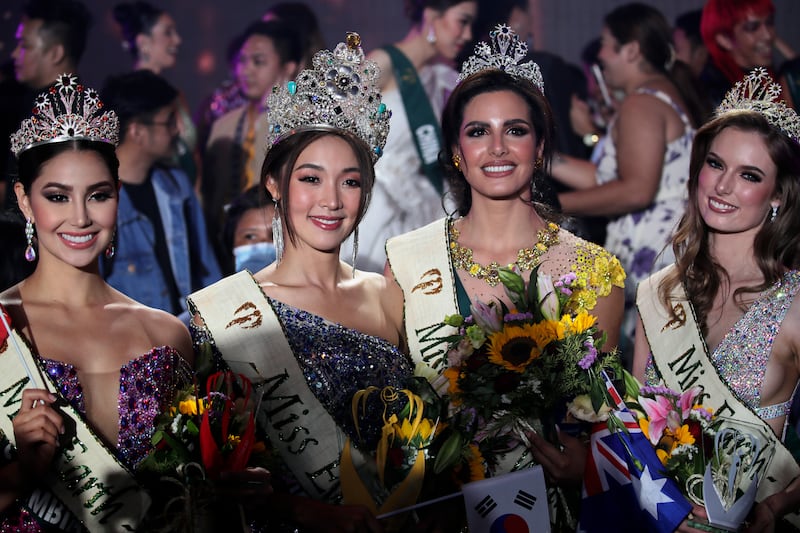 Miss Earth-Fire Andrea Aguilera of Colombia, Miss Earth 2022 Mina Sue Choi of South Korea, Miss Earth-Water Nadeen Ayoub of Palestine, and Miss Earth-Air Sheridan Mortlock of Australia pose for a group photo. EPA