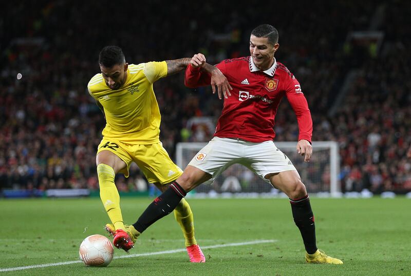 Sheriff's Renan Guedes and Manchester United's Cristiano Ronaldo battle for the ball. PA