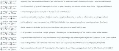 Although his account was deleted from Twitter, most of Donald Trump's tweets have been saved on TheTrumpArchive.com. Here's a look at some of the tweets from his first week in office. 