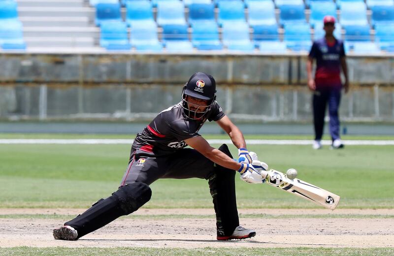 DUBAI,  UNITED ARAB EMIRATES , May 3 – 2019 :- Osama Hassan Shah from UAE playing a shot during the final of ACC Under 19 Western Region cricket match between UAE vs Kuwait held at Dubai International Cricket Stadium in Dubai. ( Pawan Singh / The National ) For News. Story by Paul 