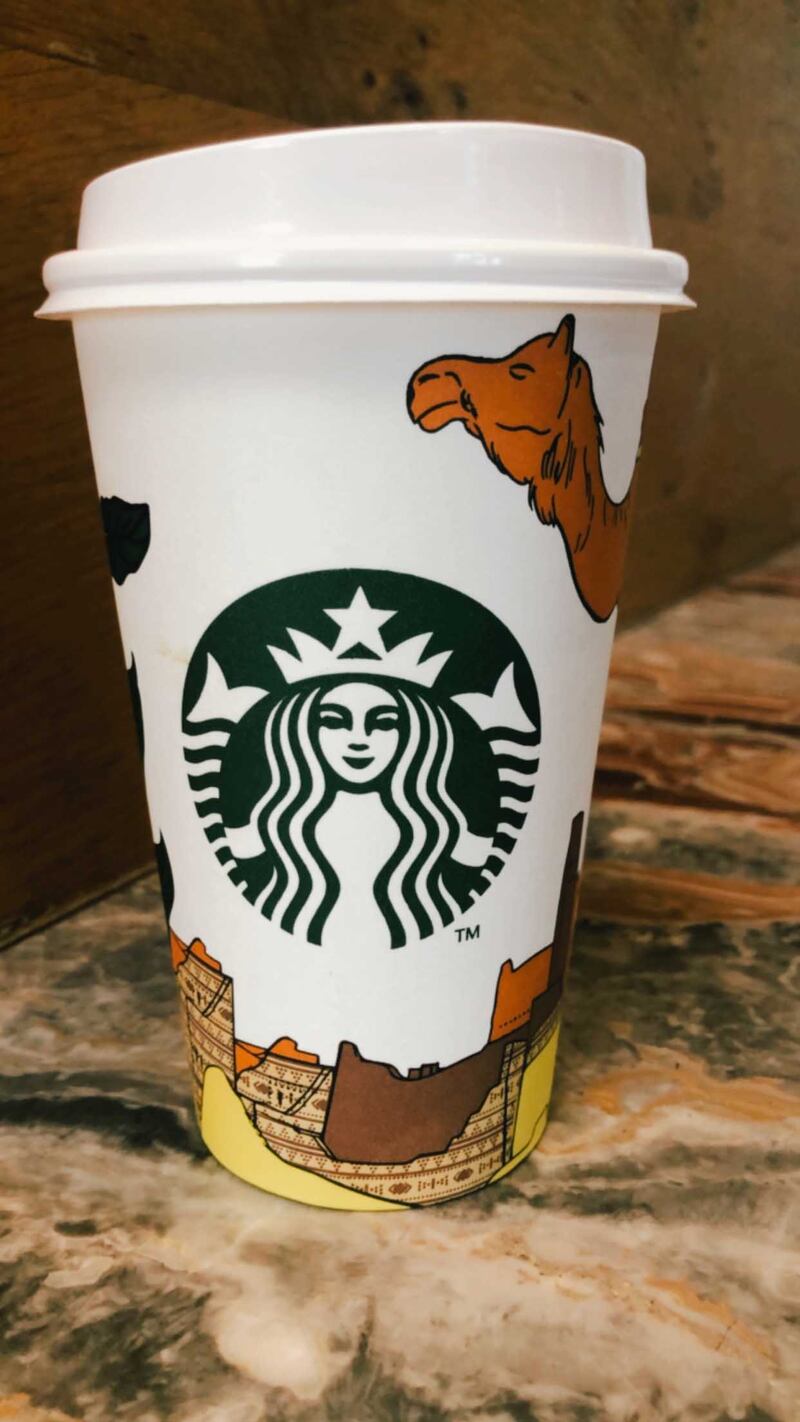 A Starbucks cup rebranded for Saudi Arabia's National Day. Mariam Nihal / The National