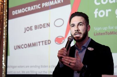 Dearborn Mayor Abdullah Hammoud speaks during an 'uncommitted' watch party. Reuters